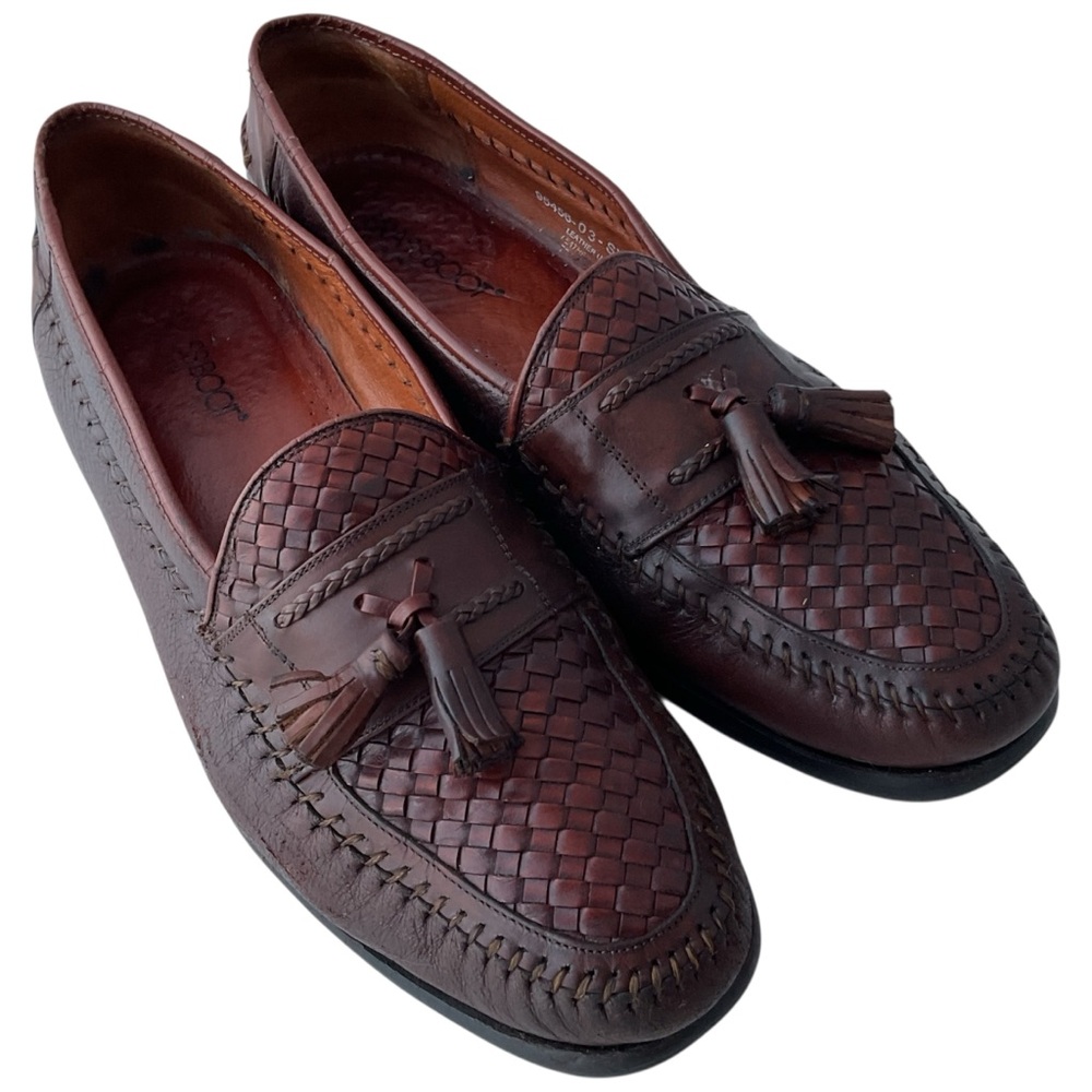 Brass Boot Handmade Brown Woven Leather Tassle Loafers Shoes Mens Size 11.5